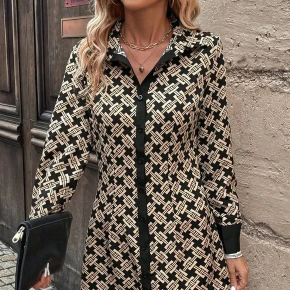 Multicolor Preppy Womens Allover Print Button Front Shirt Dress - Picture 3 of 5